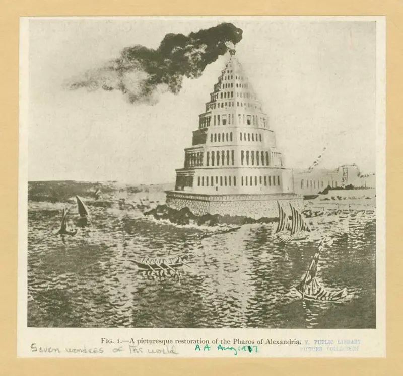 A dramatic 18th-century perspective view of the Pharos lighthouse rising above the harbour at Alexandria