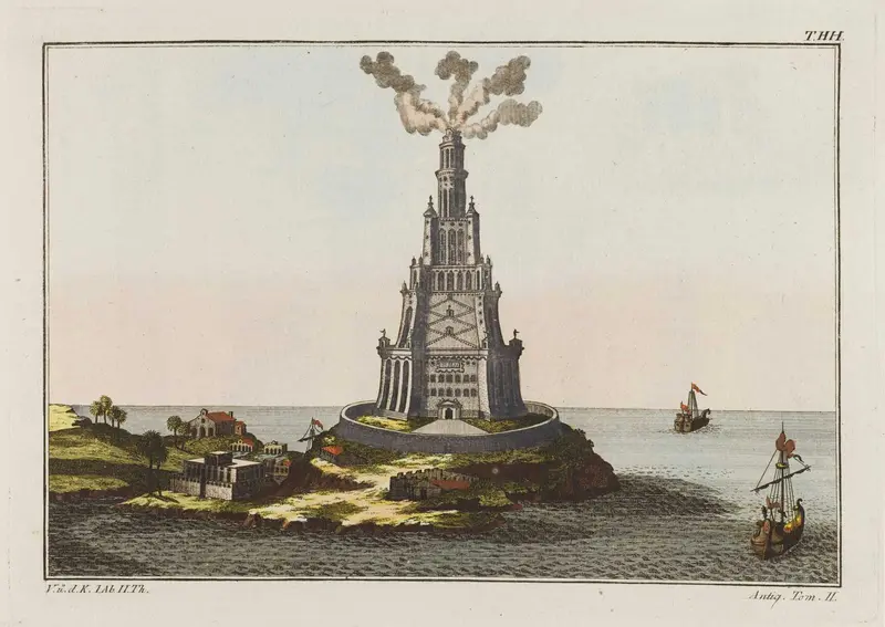 The Pharos of Alexandria shown as a tall lighthouse tower by the sea in an early 19th-century coloured engraving